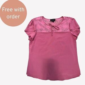 FREE AUW Women's Blouse Top‎ Short Sleeve Floral Lace Detail Pink Large